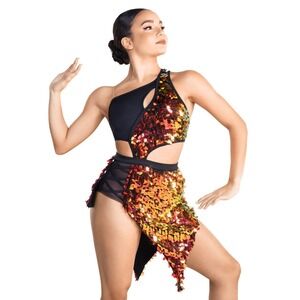 Tenth House Reversal Dance Costume Womens SA Black Sequin Asymmetrical Leotard